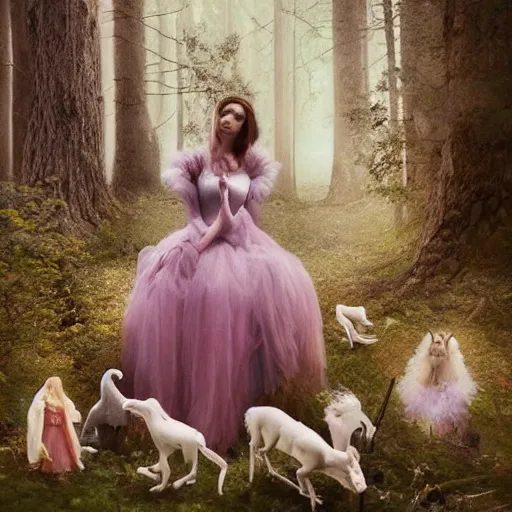 Image similar to by laura makabresku, by jason pearson, by mat collishaw defined claymation. a beautiful performance art of princess aurora singing in the woods while surrounded by animals. she looks so peaceful & content in the company of the animals, & the colors are simply gorgeous.