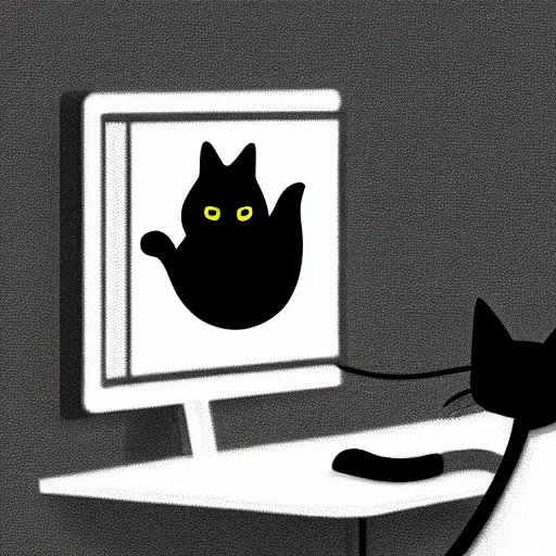 Image similar to a black cat programming in a computer. cartoon. high quality. high fidelity. unsplash. devianart.