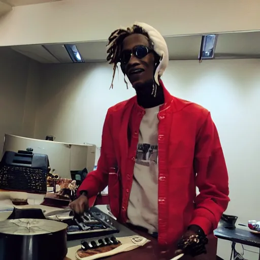 Image similar to young thug cooking in the studio,