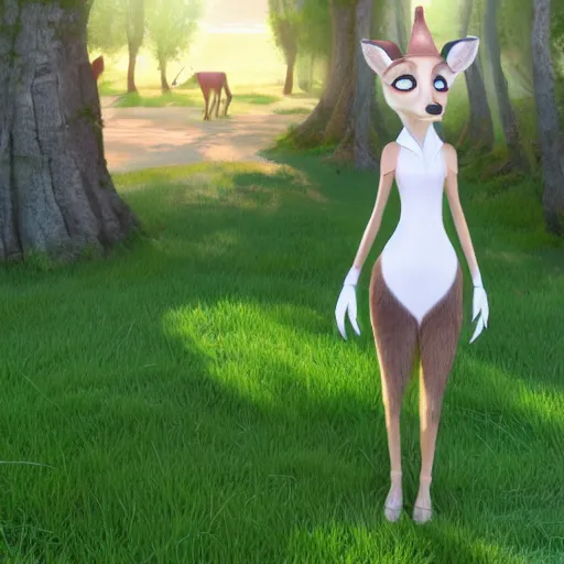 Prompt: portrait, 3 d render, anthropomorphic female deer, wearing along white dress, in the style of zootopia,