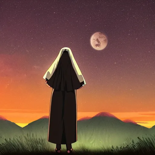 Prompt: two identical beautiful female nuns under clear night sky, beautiful anime art