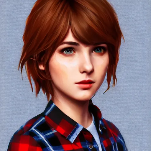 Image similar to a selfie of max caulfield wearing a red plaid flannel shirt, fantasy, intricate, young and cute, highly detailed, digital painting, artstation, concept art, smooth, sharp focus, illustration, unreal engine, life is strange, Edouard Caplain