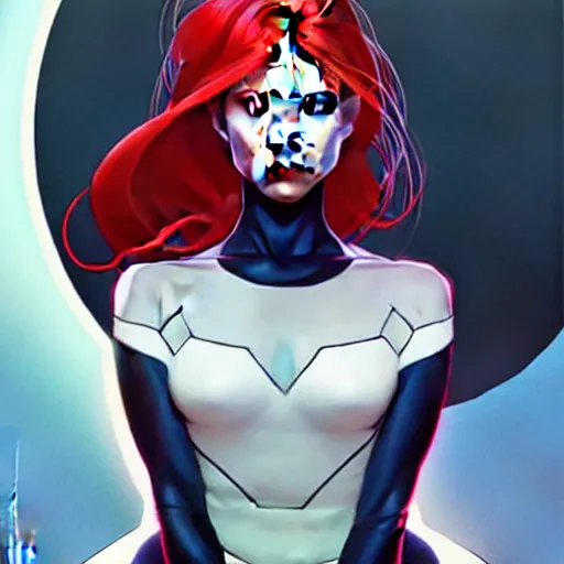 Image similar to artgerm, joshua middleton comic cover art, pretty sarah michelle gellar superhero, asymmetrical big black oval spot covering left eye from eyebrow to cheek, left eye spot only, very pale white skin, no spot right eye, white around right eye