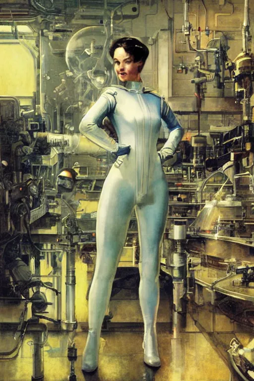 Prompt: pulp scifi fantasy illustration full body portrait of elegant woman wearing latex spacesuit in laboratory, by norman rockwell, jack kirby, bergey, craig mullins, ruan jia, jeremy mann, tom lovell