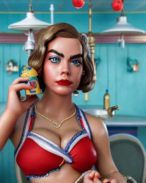 Prompt: highly detailed closeup, face profile portrait of a tin toy cara delevigne as a waitress in a diner, bikini, depth of field, fashion photoshoot by dan decarlo, breathtaking, detailed and intricate environment, 8 k resolution, hyperrealistic, octane render