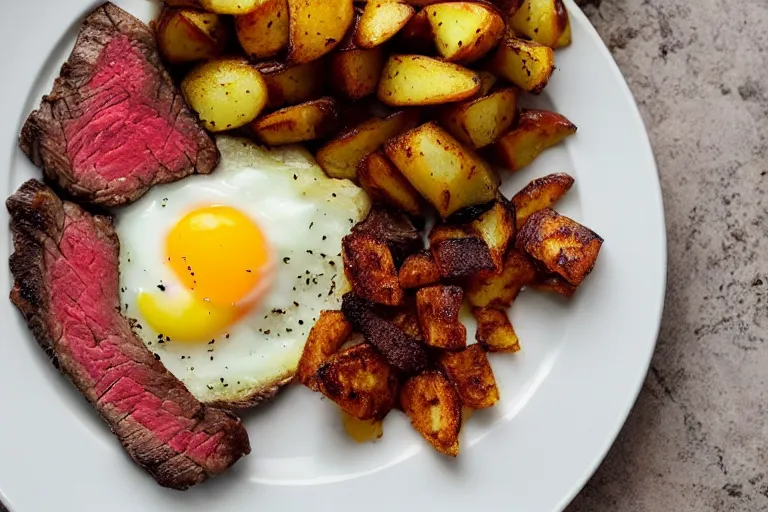 Image similar to a delicious looking plate of steak and eggs, with perfectly seasoned potatoes and breakfast hash browns