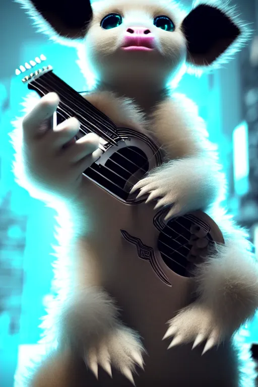 Image similar to high quality 3 d render very cute fluffy! cyborg cow plays guitar, cyberpunk highly detailed, unreal engine cinematic smooth, in the style of blade runner & detective pikachu, hannah yata charlie immer, moody light, low angle, uhd 8 k, sharp focus