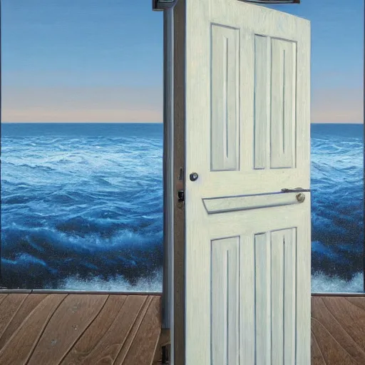 Image similar to a gust of sea air pushed open the door by jeffrey smith, oil on canvas