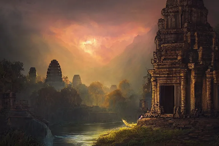 Prompt: cinematic lighting fantasy painting, an ancient land, sunset and ominous shadows over the kingdom, rivers and vilalges brutalist angkor rivendell by jessica rossier