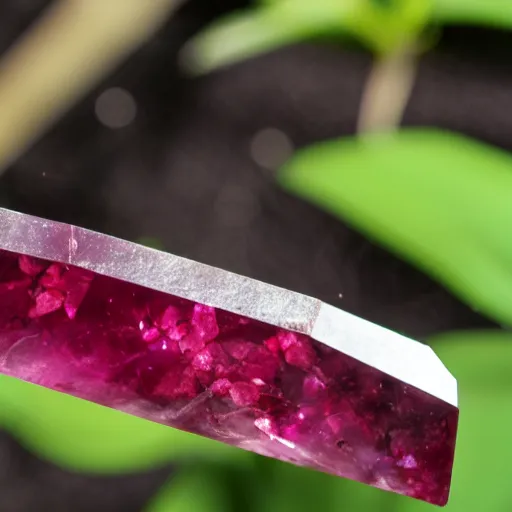 Image similar to a plant growing a polished cut ruby gemstone