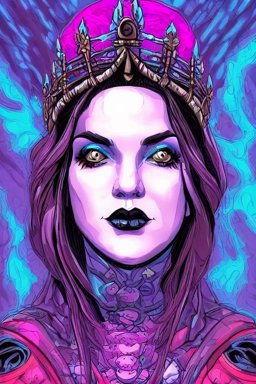 Image similar to comic art portrait of jewel beautiful goth girl queen in the style of Rob Lefield and Dan Mumford , trending on artstation, digital art,surrealism ,macro,blueprint ,vaporwave , black outline