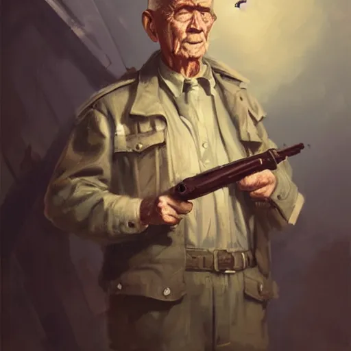 Image similar to old man portrait, ww 2 hand grenade in his left hand, he pulling pin, greg rutkowski art