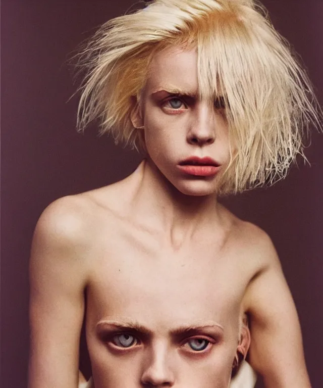 Image similar to a color photograph of edie campbell, bleached blonde short hair, by robert mapplethorpe, intense, bold, hyperrealistic, ultra sharp, extra details, ultra high quality, trending on pinteresst