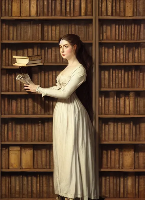 Prompt: a character portrait of a lady, centered, year 1 8 0 0, illustration, standing in front of a book!!! shelf!!! with a lot of books, facing the camera, by greg rutkowski