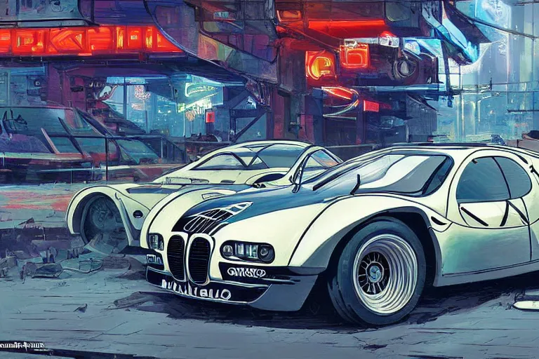 Prompt: 1935 BMW M1 Stratos, city in cyberpunk style by Vincent Di Fate