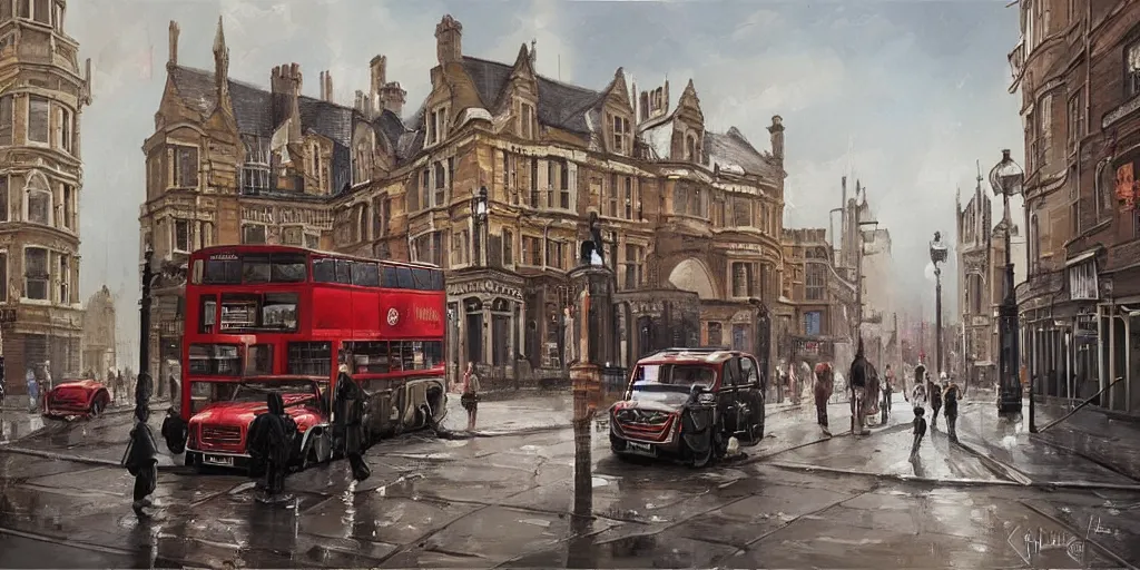 Prompt: beautiful painting of old London street scene painted by Leesha Hannigan, Ross Tran, Thierry Doizon, Kai Carpenter, Ignacio Fernández Ríos