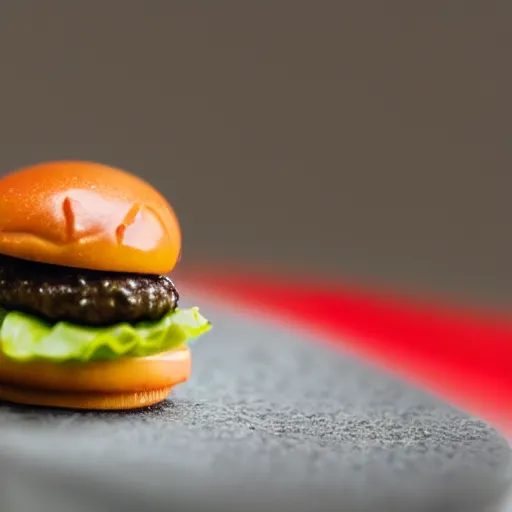 Prompt: macro photo of a miniature ho scale cheeseburger figure, taken with canon 8 0 d, canon 1 0 0 mm f / 2. 8