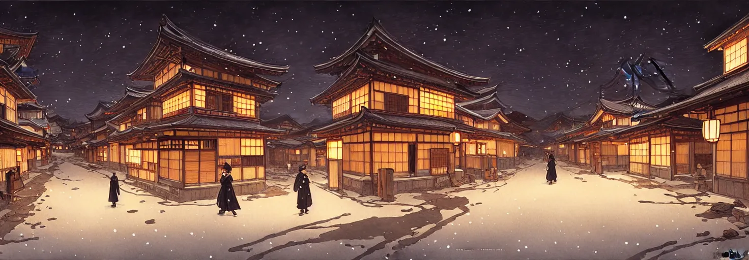 Image similar to empty rural japanese town at night, winter, in the style of studio ghibli, j. c. leyendecker, greg rutkowski, artem