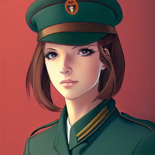 Image similar to portrait of young woman with light brown hair and hazel eyes dressed in a sharp dark teal military uniform with beret, saluting, smiling, ilya kuvshinov, anime, ross tran