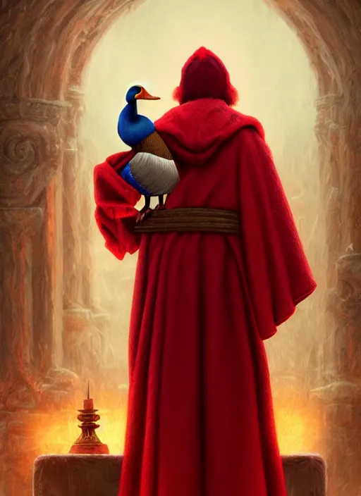 Prompt: cute fluffy mallard duck wearing red cultist robe, sacrificial altar in background, details, fantasy, epic, ancient city, intricate, decadent, highly detailed, octane render, digital painting, artstation, concept art, sharp focus, illustration, art by artgerm, loish, wlop