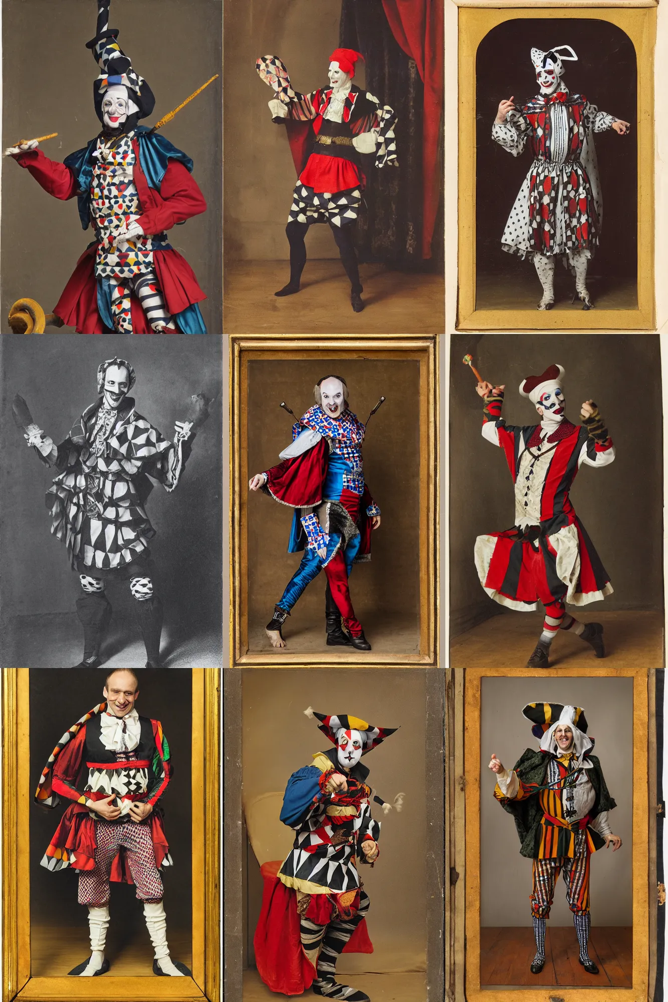 Prompt: Man dressed as medieval Harlequin jester entertains at the royal court, studio portrait