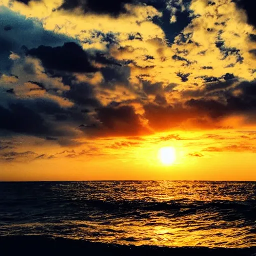 Image similar to sunset on the ocean, black sky, sky is black, sun setting in a dark sky, water is golden, gold ocean, sunset with dark sky and gold water