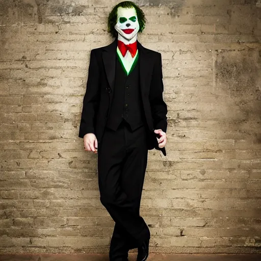 Image similar to the joker from the dark knight posing for senior prom photos, wearing black suit with red tie | digital photograph