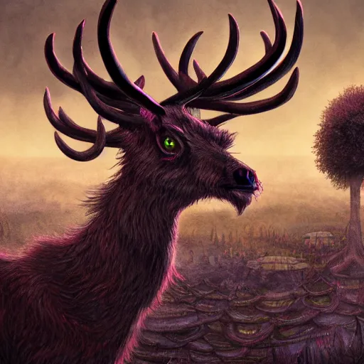 Image similar to 4 k headshot portrait of a psychedelic demonic anthropomorphic deer - horned wendigo smoking a hand - rolled cigarette smoking heavily, magic mushroom village in background. award winning. superb resolution. in the art style of junji ito and greg rutkowski. detailed mushroom city in background. hyper realistic anime. perfect art. dalle 2