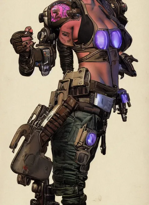 Image similar to cyberpunk mercenary. portrait by john philip falter and will eisner and gil elvgren and pixar. realistic proportions. overwatch, cyberpunk 2 0 7 7, blade runner 2 0 4 9 concept art. cel shading. thick lines.