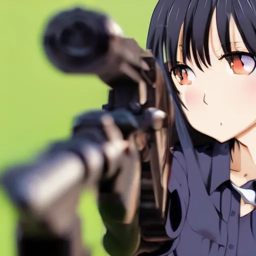 Image similar to anime girl pointing a gun at the camera