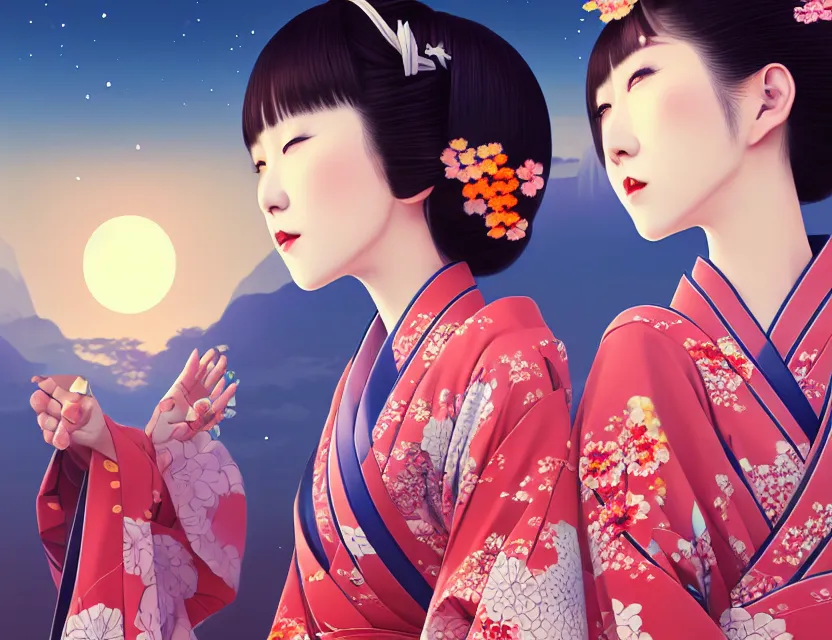 Image similar to two beautiful charming japan girls wear arty kimono in festival | | sunny night, full moon, dreamlike art, realistic shaded, smile, good looking, hyper details, 4 k realistic, cryengine, realistic shaded lighting poster by ilya kuvshinov, fuji choko, ross tran, 8 k resolution, trending on artstation, luxury