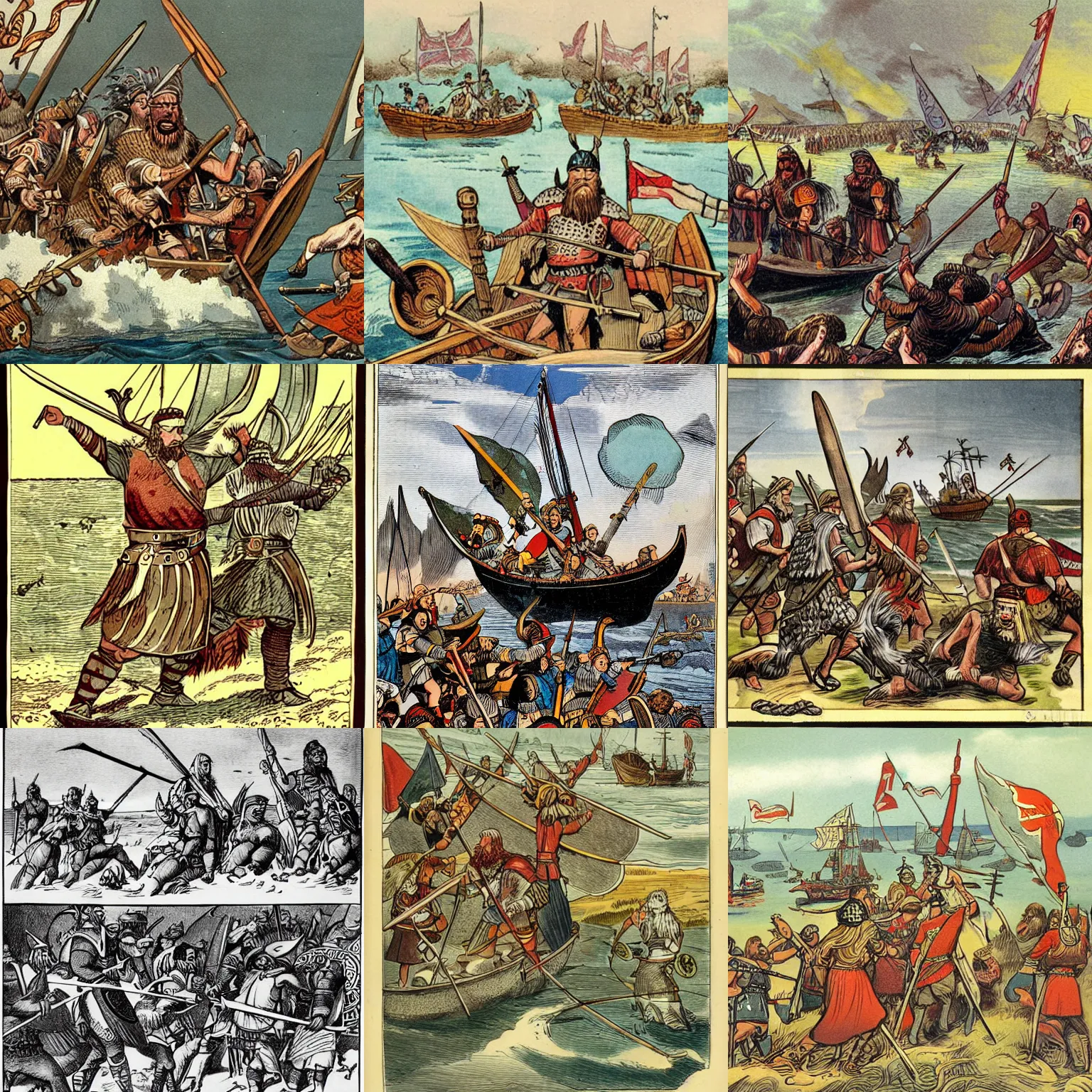 Prompt: old ilustrations depicting the Viking invasion of England