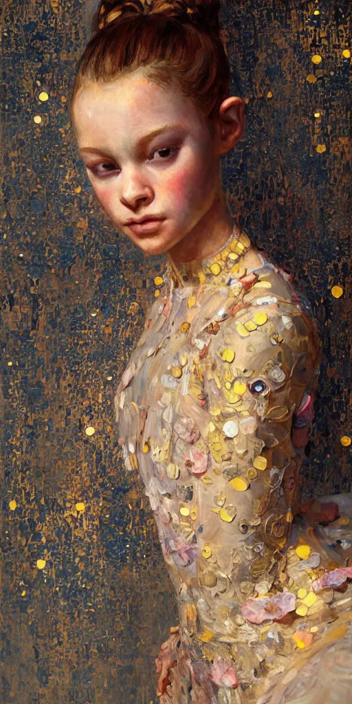 Image similar to an intricate portrait painting of an artistic pose young beautiful ballerina, klimt golden motives and textures, hyper - detailed, octane render, vivid colors, artstation, by jeremy mann, by gustav klimt