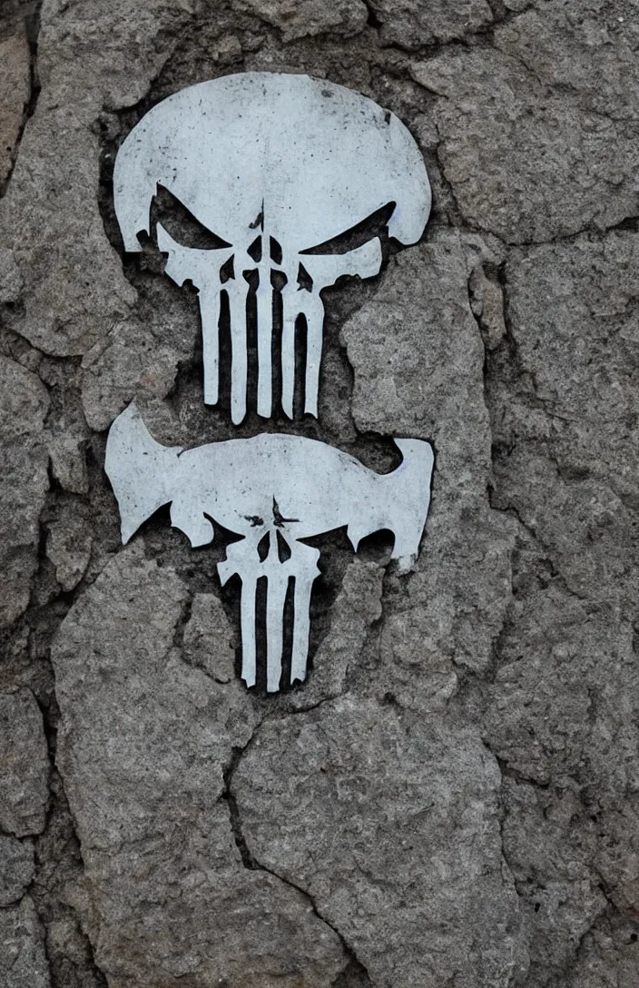 Prompt: punisher symbol carved deeply into stone edifice luminous smoke and light rays.