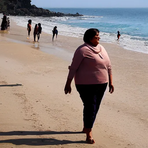 Prompt: vinod with a fat lady walking on the beach