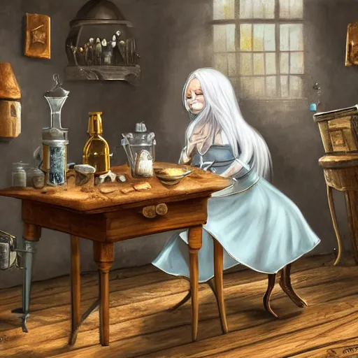 Image similar to a full body beautifull witch with white hair in an old room. A mistic cristal ball on a wood table with a potions and old instruments. A cat on the floor licking his paw. in a fantasy style paiting