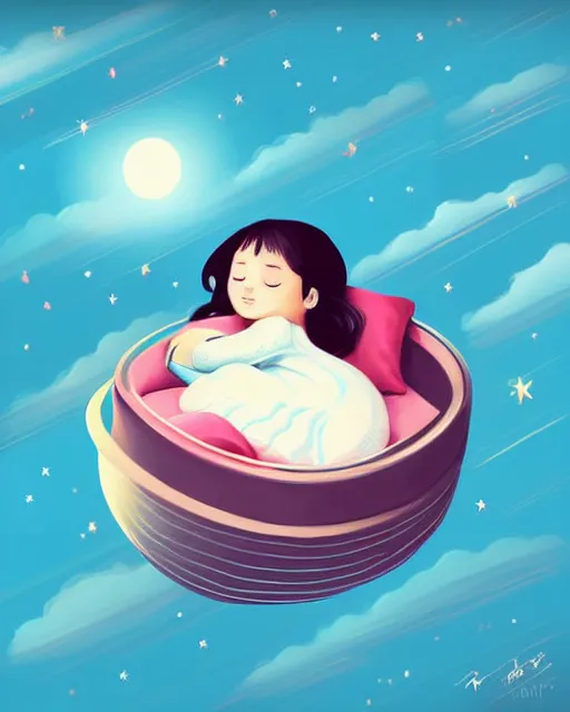 Image similar to beautiful painting of little girl sleeping on her flying bed, art by petros afshar, art by cheng hsiao - ron, sky night, illustration, highly detailed, simple, smooth and clean vector curves, no jagged lines, vector art, smooth, artstation