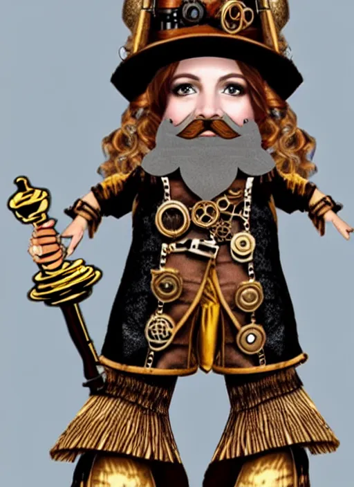 Prompt: Steampunk beard female dwarf glamor bard speaker of a small town and fashionable female in high-end Oscar de la Renta