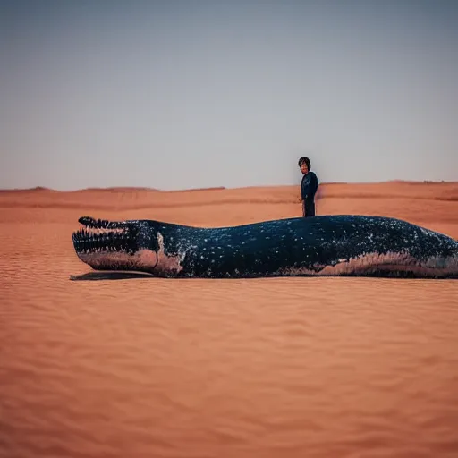 Image similar to 🐋🦖🐙 👽 🐳 in desert, photography