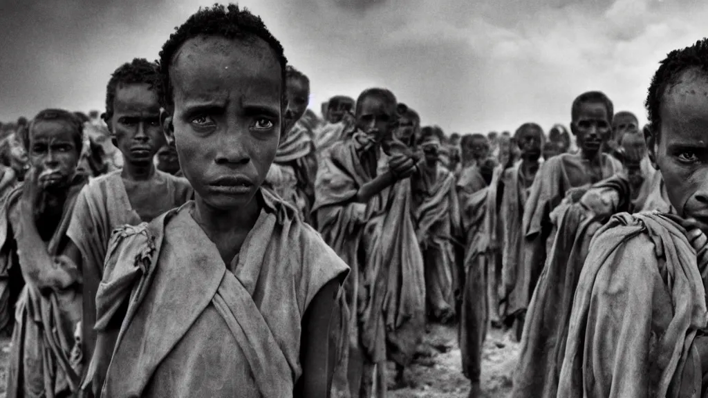 Image similar to 1984 Ethiopian biblical famine and drought, moody, dark, movie scene, hd, 4k, wide shot