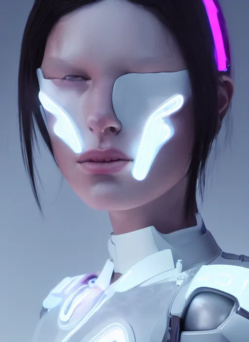 Image similar to white one cast futuristic biomechanics futuristic humanoid, pretty face, beautiful female, futuristic, neon lights, cyberpunk, 8 k, digital painting, by beeple and makoto shinkai, trending on cg society, glamour pose, high fashion, photorealistic, hyper realistic, environmental portrait, ambient occlusion render