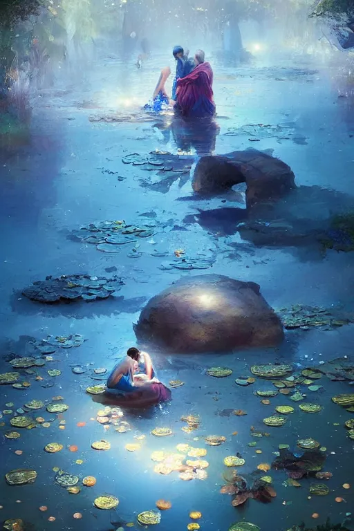 Image similar to nenufar in a pond, colorful, blue backgroung,clean, joyful, intricate, elegant, volumetric lighting, scenery, digital painting, highly detailed, artstation, sharp focus, illustration, concept art, ruan jia, steve mccurry