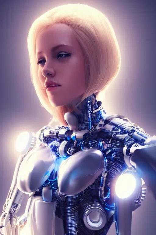 Image similar to a beautiful woman with blonde hair wearing robot suit with wires and light, highly detailed, photorealistic, artstation, smooth