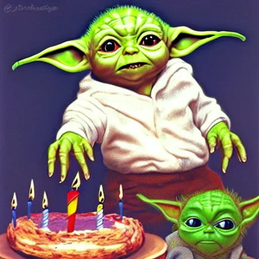 Prompt: (baby yoda grogu) smashing birthday cake into his face, happy birthday, happy birthday candles, mischievous, inquisitive, devious, hilarious, funny, birthday wrapped PRESENTS, artwork by Brothers Hildebrandt