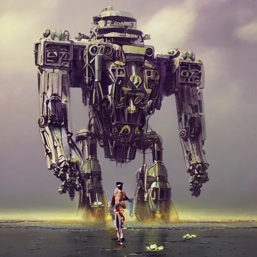 Prompt: waterlily shaped biomechanical combat mecha, sci - fi movie, cinematic compositions, highly detailed, canon eos r 3, 8 k, illustration, bandai box art, retrofuturism, by beksinski, rutkowski and stalenhag