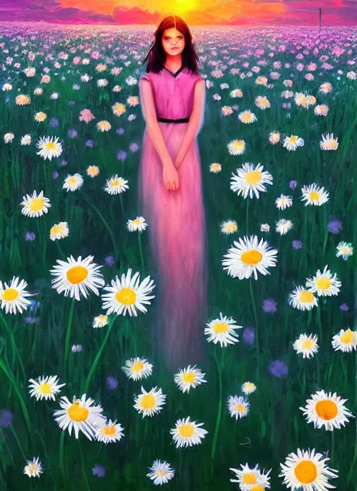 Image similar to girl face made of giant daisies, standing in a flower field, holding flowers, surreal photography, sunset dramatic light, impressionist painting, colorful clouds, large sky, digital painting, artstation, simon stalenhag