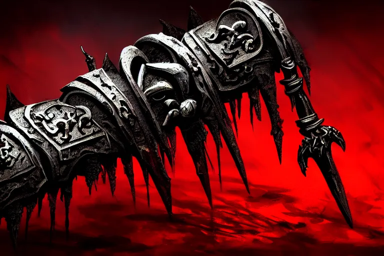 Prompt: daggers of the lord of the underworld, black iron covered with blood, dirty dark environment, warrior\'s daggers, D&D, intricate, cinematic lighting, highly detailed, digital painting, artstation, concept art, smooth, sharp focus, illustration