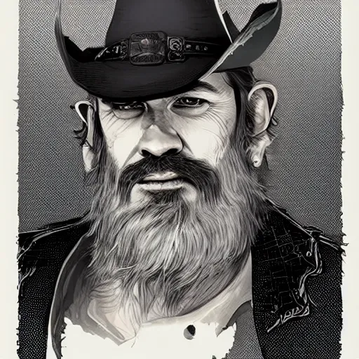 Image similar to very detailed vector art bearded gunslinger, painted fantasy character portrait, headshot, fantasy, highly detailed, digital painting, artstation, concept art, sharp focus, illustration, art by the golden age of American illustration archive, simon bisley and frank frazetta, artgerm and greg rutkowski and alphonse mucha