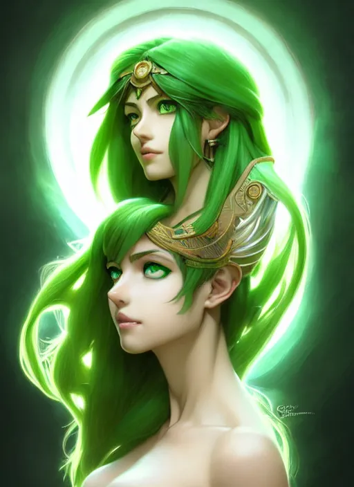 Prompt: portrait, from left, head and body, palutena, piercing green eyes, green hair, concept art, unreal engine, by rossdraws, frank franzzeta, intricate, masterpiece, elegant, hyper, concept art, smooth, sharp focus, illustration, art by artgerm and greg rutkowski and alphonse mucha and garis edelweiss