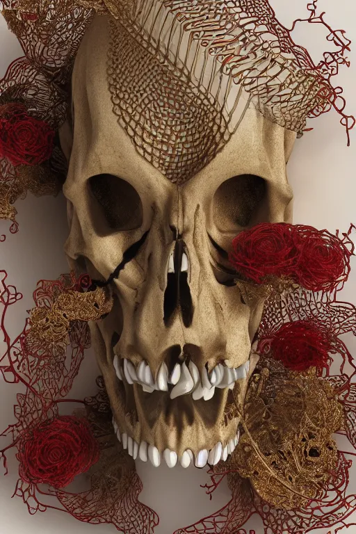 Prompt: complex 3d render ult ra detailed of a porcelain skull and serpent spine, 150 mm, accent lighting, beautiful studio soft light, rim light, silver gold red details, luxurious, big filigran ultra detailed leaves and stems, Alexander Mcqueen, haute couture, fine foliage lace, mesh wire, filigran intricate details, hyper realistic, mandelbrot fractal, anatomical, silver metal armor, facial muscles, cable wires, microchip, elegant, white background, beautiful white teeth, beautiful lips, octane render, H.R. Giger style, 8k